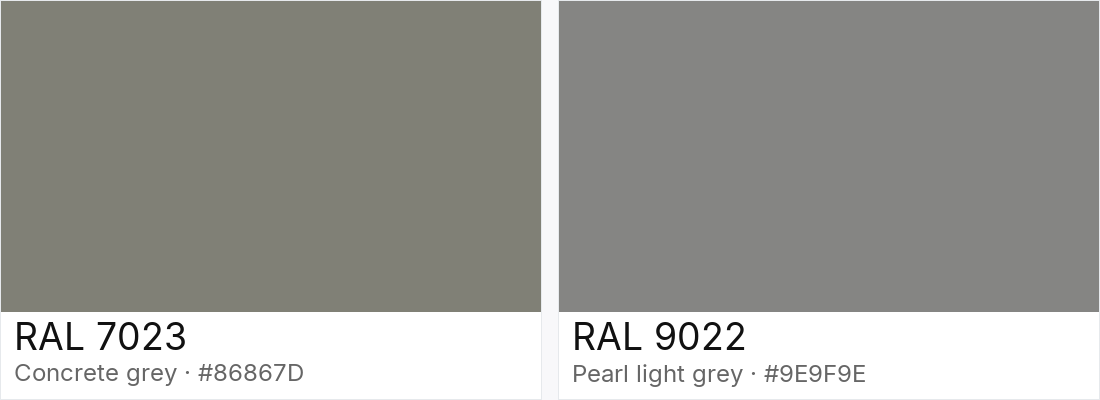 RAL 7023 vs RAL 9022 — side-by-side RAL color comparison