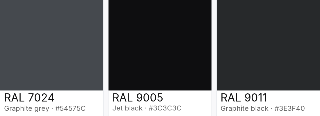 RAL 7024 vs RAL 9005 vs RAL 9011 — side-by-side RAL color comparison