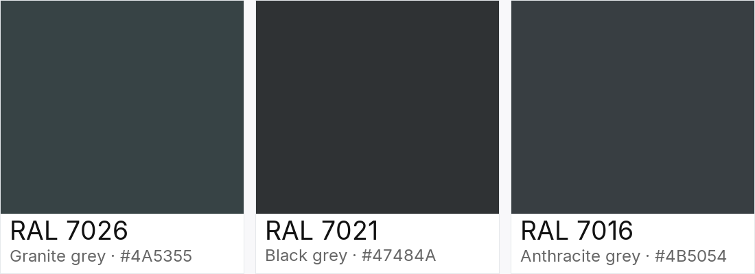RAL 7026 vs RAL 7021 vs RAL 7016 — side-by-side RAL color comparison