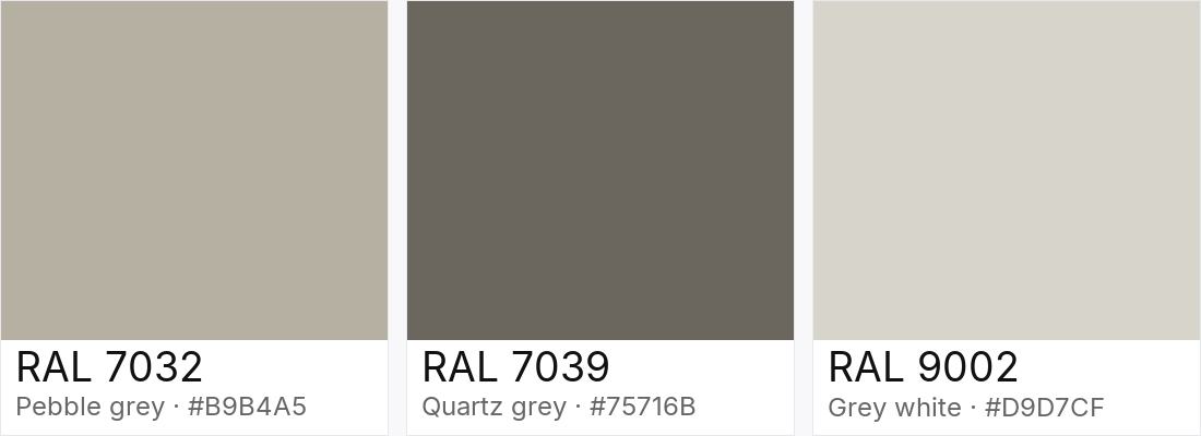RAL 7032 vs RAL 7039 vs RAL 9002 — side-by-side RAL color comparison