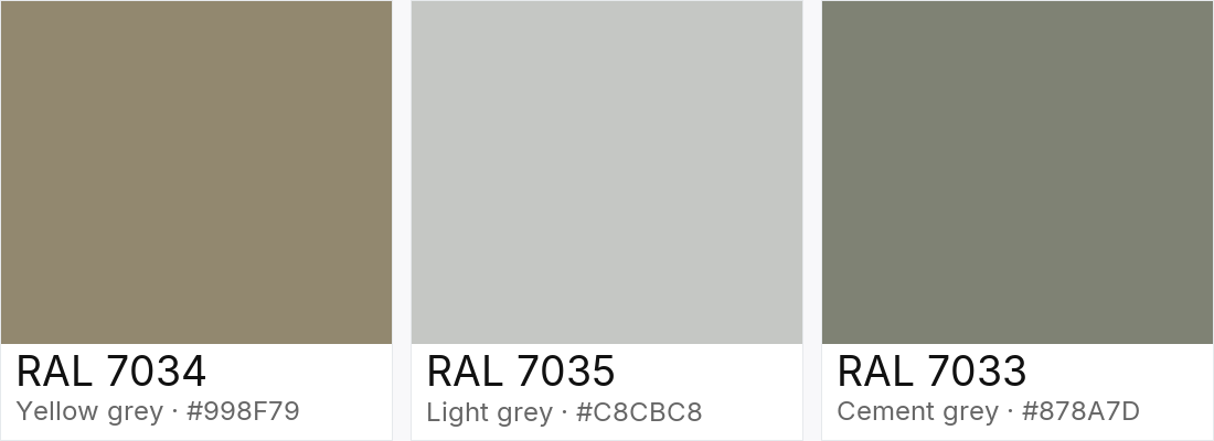 RAL 7034 vs RAL 7035 vs RAL 7033 — side-by-side RAL color comparison