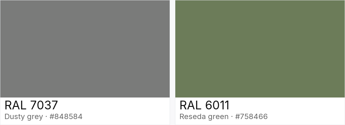 RAL 7037 vs RAL 6011 — side-by-side RAL color comparison