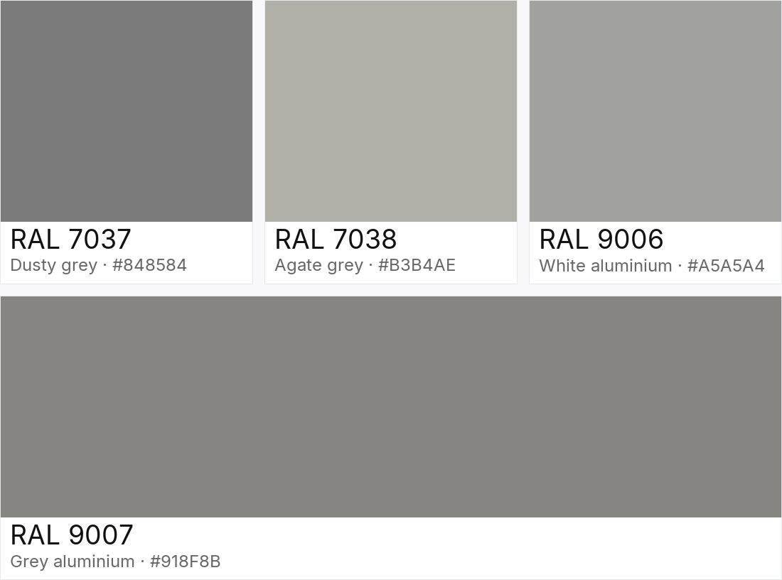 RAL 7037 vs RAL 7038 vs RAL 9006 vs RAL 9007 — side-by-side RAL color comparison