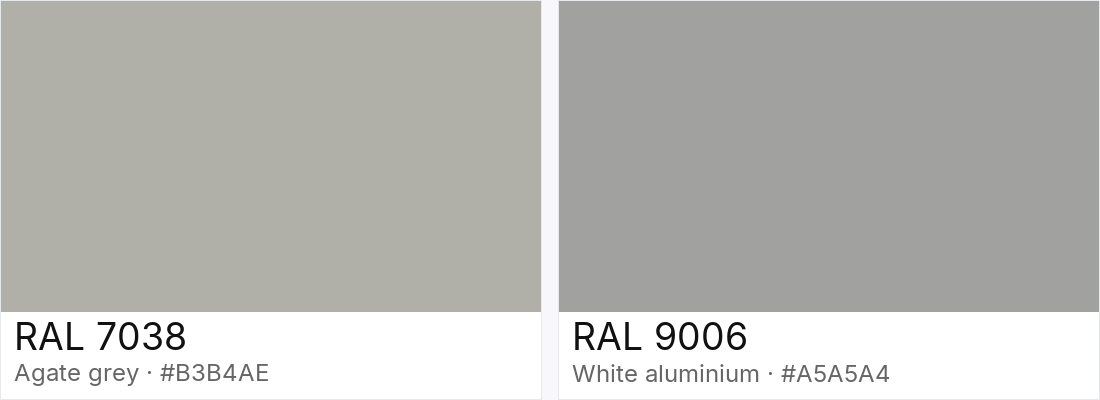 RAL 7038 vs RAL 9006 — side-by-side RAL color comparison