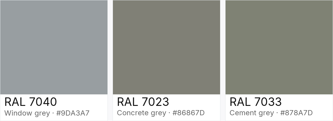RAL 7040 vs RAL 7023 vs RAL 7033 — side-by-side RAL color comparison