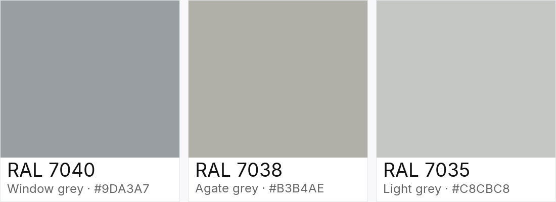 RAL 7040 vs RAL 7038 vs RAL 7035 — side-by-side RAL color comparison