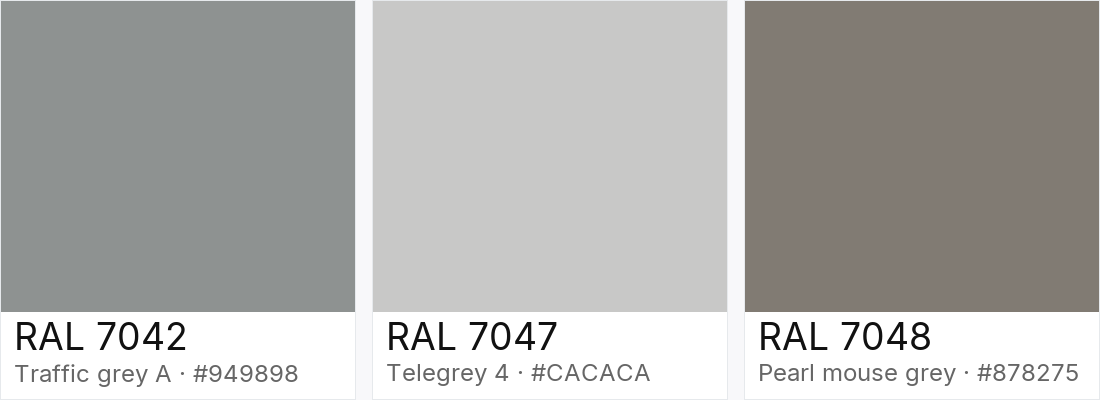 RAL 7042 vs RAL 7047 vs RAL 7048 — side-by-side RAL color comparison