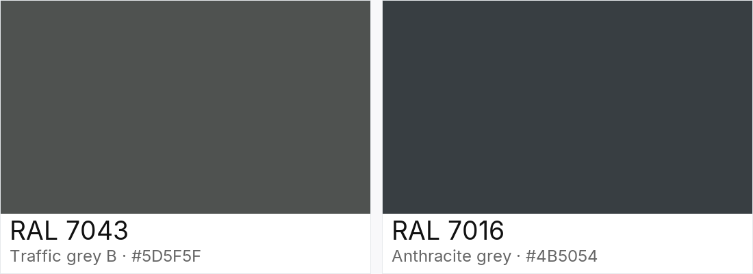 RAL 7043 vs RAL 7016 — side-by-side RAL color comparison