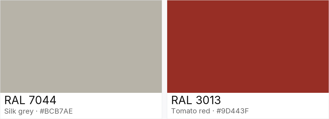 RAL 7044 vs RAL 3013 — side-by-side RAL color comparison