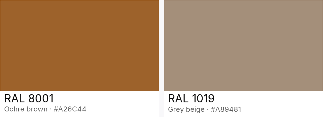 RAL 8001 vs RAL 1019 — side-by-side RAL color comparison