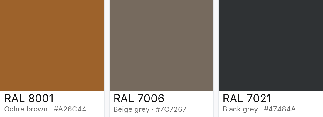 RAL 8001 vs RAL 7006 vs RAL 7021 — side-by-side RAL color comparison
