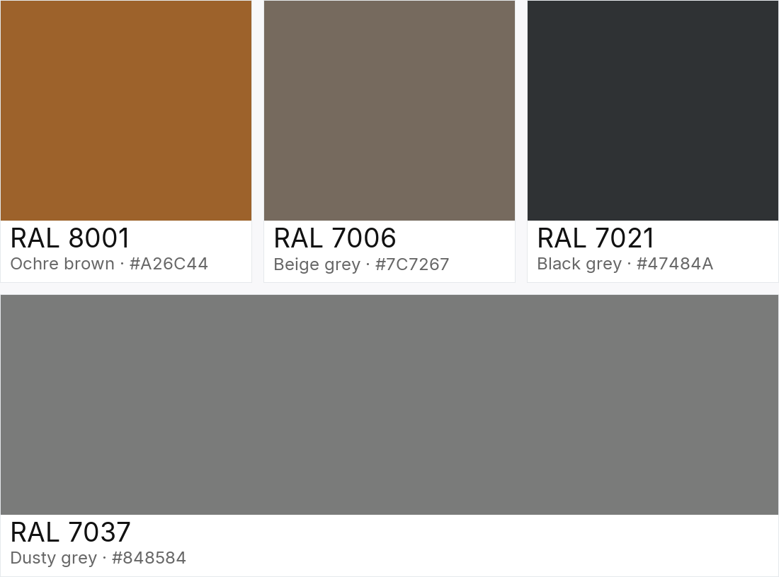 RAL 8001 vs RAL 7006 vs RAL 7021 vs RAL 7037 — side-by-side RAL color comparison