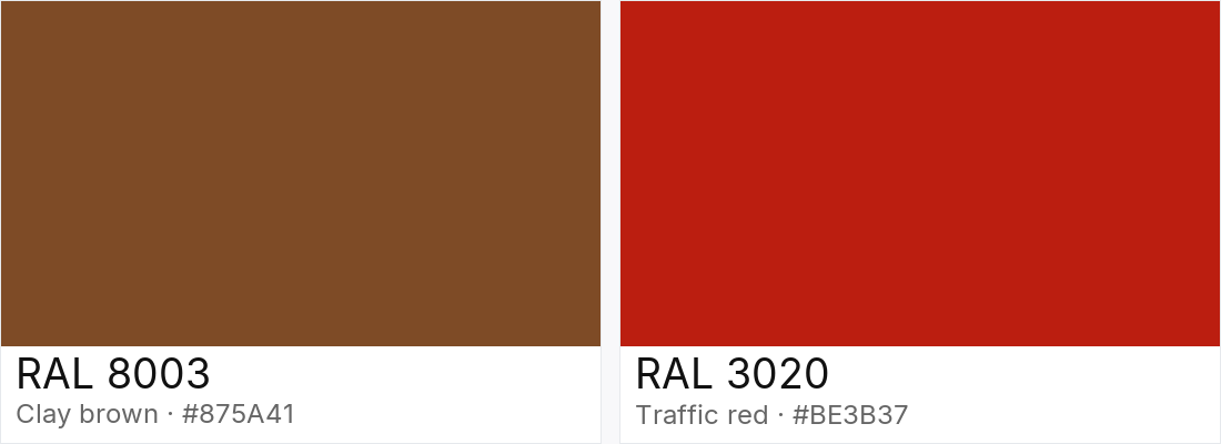 RAL 8003 vs RAL 3020 — side-by-side RAL color comparison