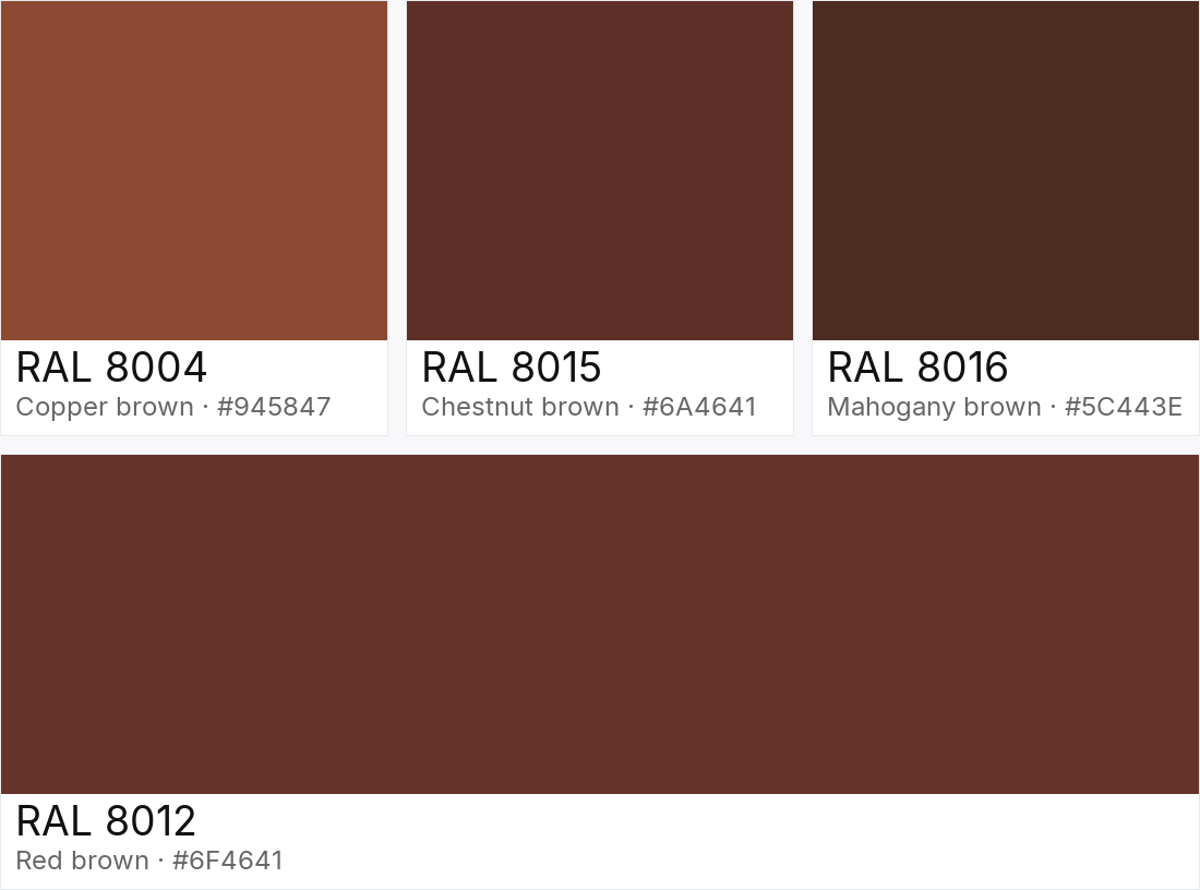 RAL 8004 vs RAL 8015 vs RAL 8016 vs RAL 8012 — side-by-side RAL color comparison