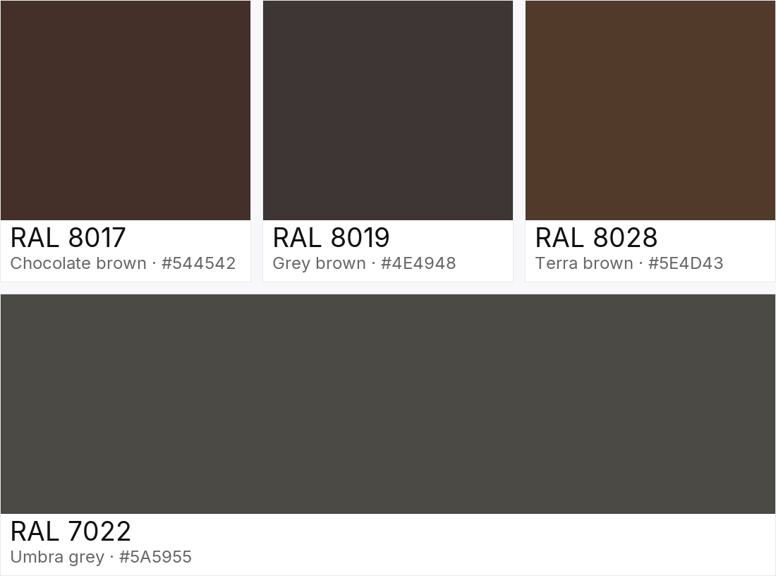 RAL 8017 vs RAL 8019 vs RAL 8028 vs RAL 7022 — side-by-side RAL color comparison
