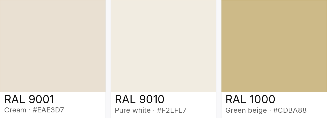 RAL 9001 vs RAL 9010 vs RAL 1000 — side-by-side RAL color comparison