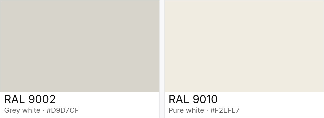 RAL 9002 vs RAL 9010 — side-by-side RAL color comparison