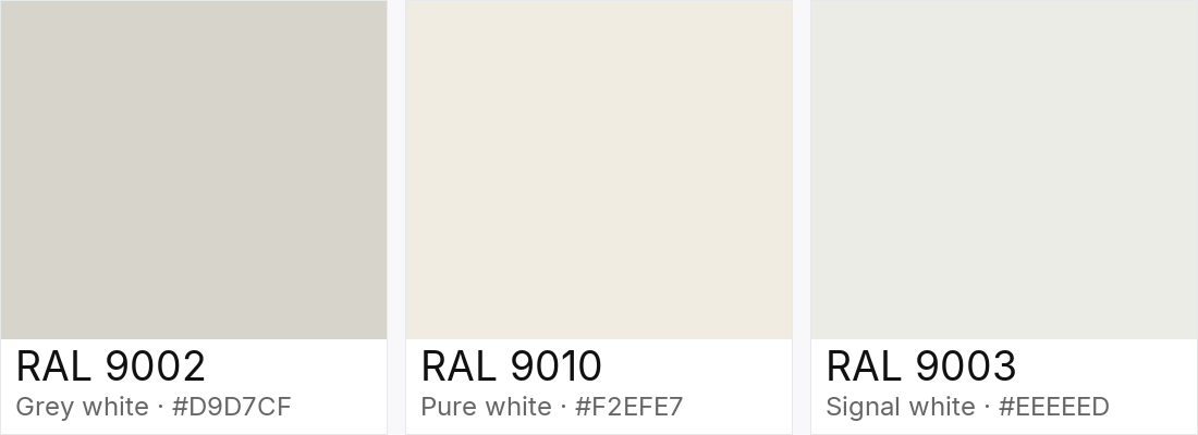 RAL 9002 vs RAL 9010 vs RAL 9003 — side-by-side RAL color comparison