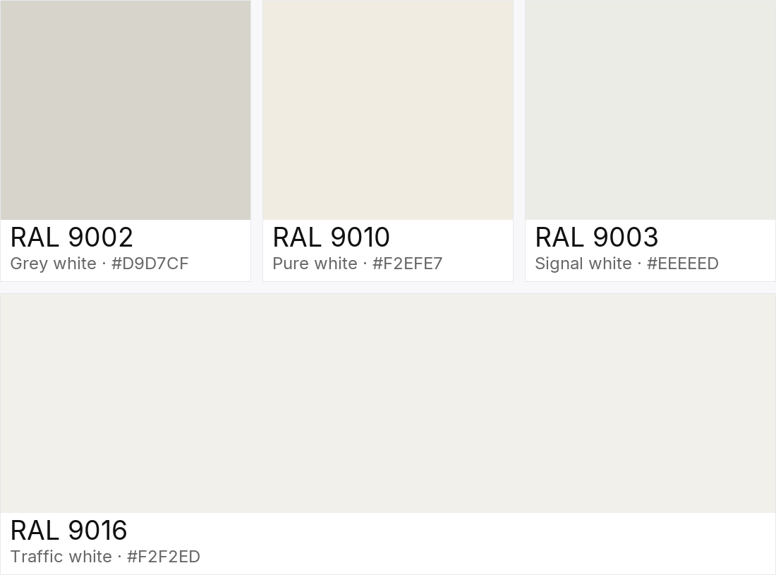 RAL 9002 vs RAL 9010 vs RAL 9003 vs RAL 9016 — side-by-side RAL color comparison