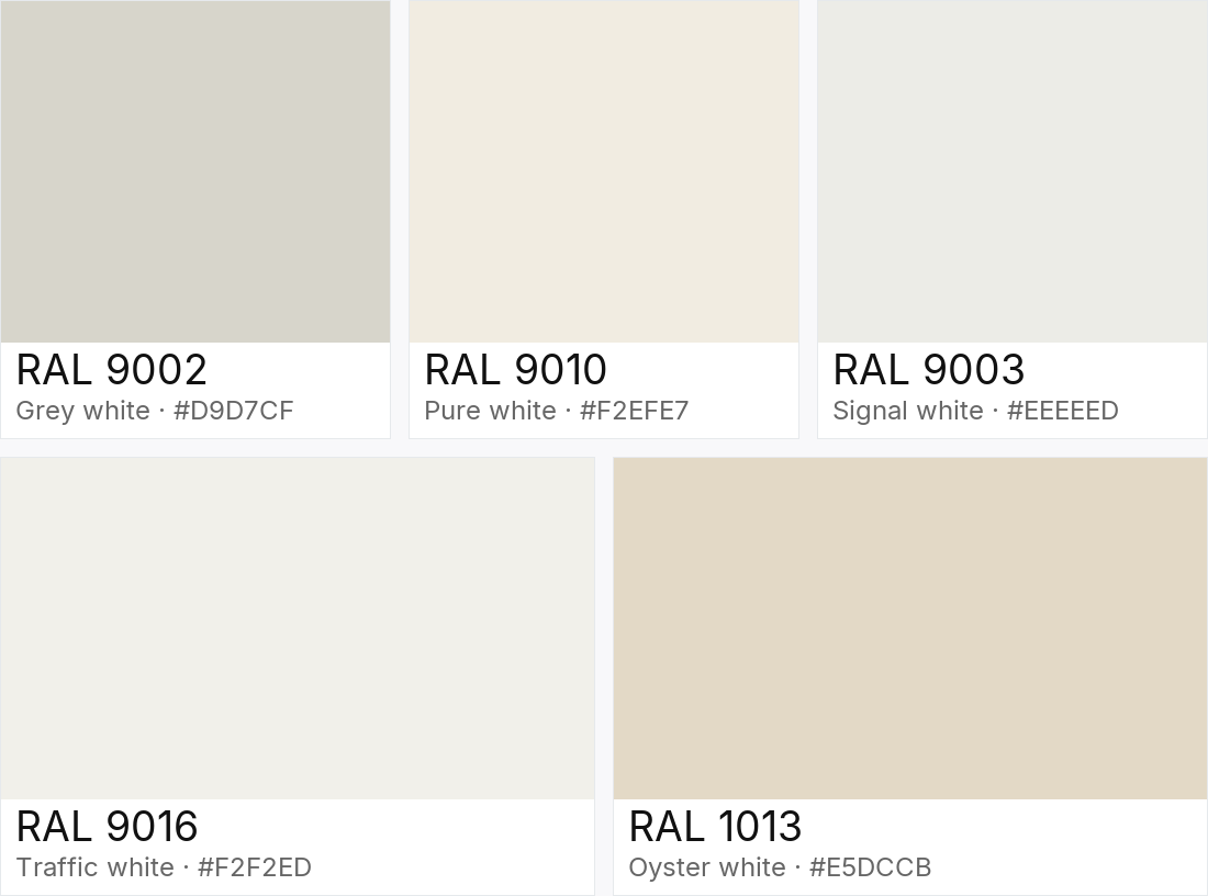 RAL 9002 vs RAL 9010 vs RAL 9003 vs RAL 9016 vs RAL 1013 — side-by-side RAL color comparison