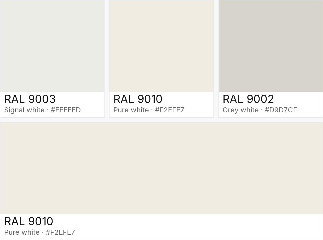 RAL 9003 vs RAL 9010 vs RAL 9002 vs RAL 9010 — side-by-side RAL color comparison