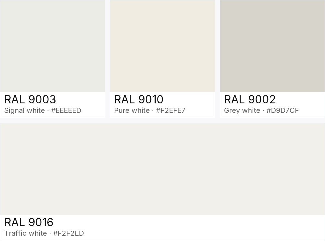 RAL 9003 vs RAL 9010 vs RAL 9002 vs RAL 9016 — side-by-side RAL color comparison