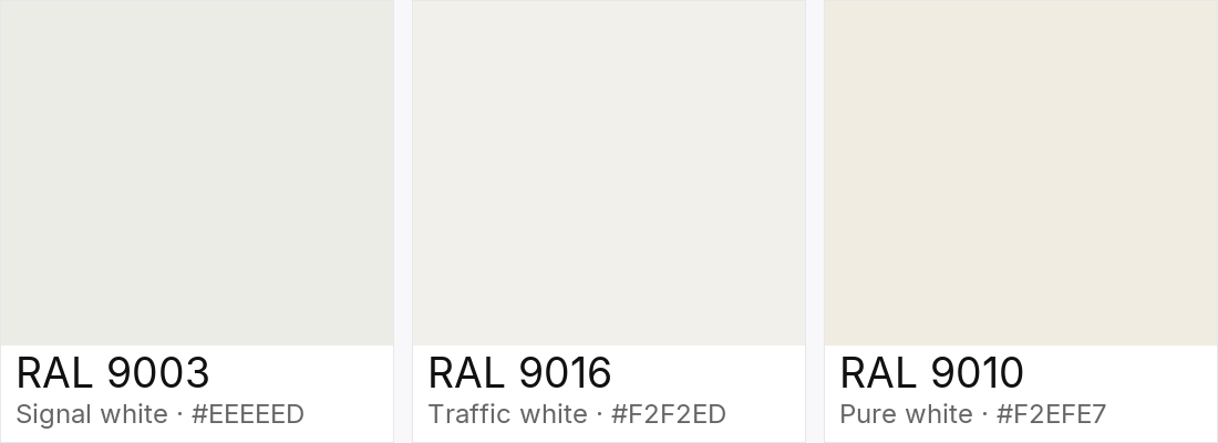 RAL 9003 vs RAL 9016 vs RAL 9010 — side-by-side RAL color comparison