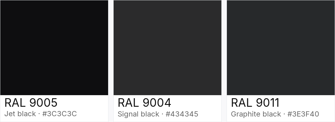 RAL 9005 vs RAL 9004 vs RAL 9011 — side-by-side RAL color comparison