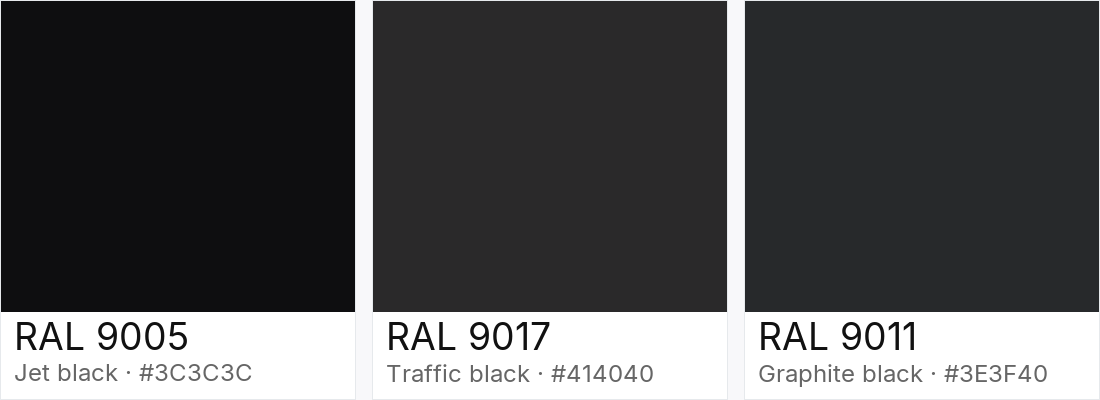 RAL 9005 vs RAL 9017 vs RAL 9011 — side-by-side RAL color comparison