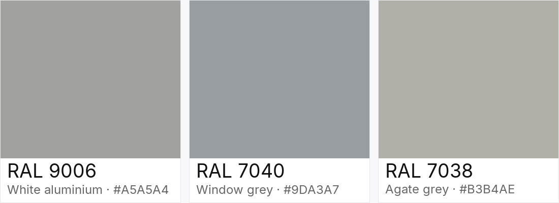 RAL 9006 vs RAL 7040 vs RAL 7038 — side-by-side RAL color comparison