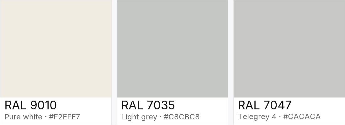 RAL 9010 vs RAL 7035 vs RAL 7047 — side-by-side RAL color comparison