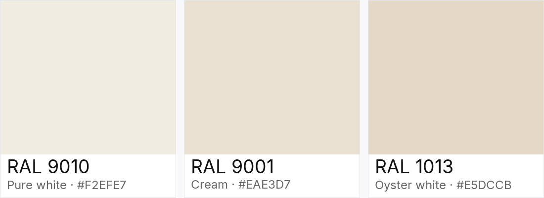 RAL 9010 vs RAL 9001 vs RAL 1013 — side-by-side RAL color comparison