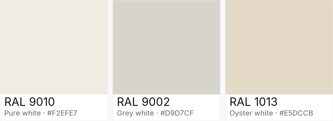 RAL 9010 vs RAL 9002 vs RAL 1013 — side-by-side RAL color comparison