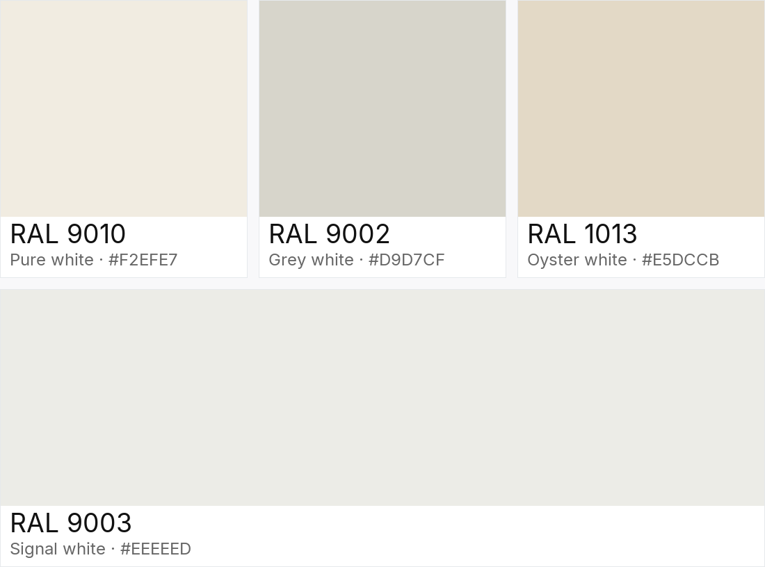 RAL 9010 vs RAL 9002 vs RAL 1013 vs RAL 9003 — side-by-side RAL color comparison