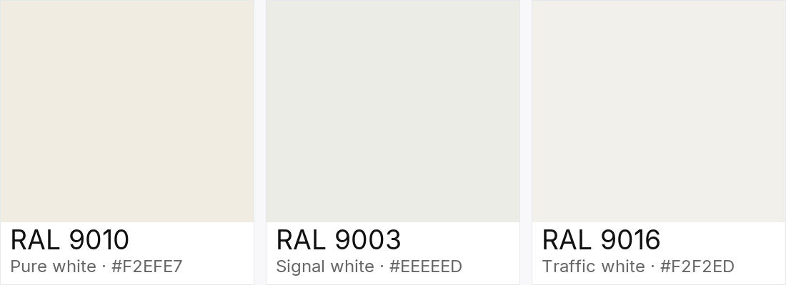 RAL 9010 vs RAL 9003 vs RAL 9016 — side-by-side RAL color comparison