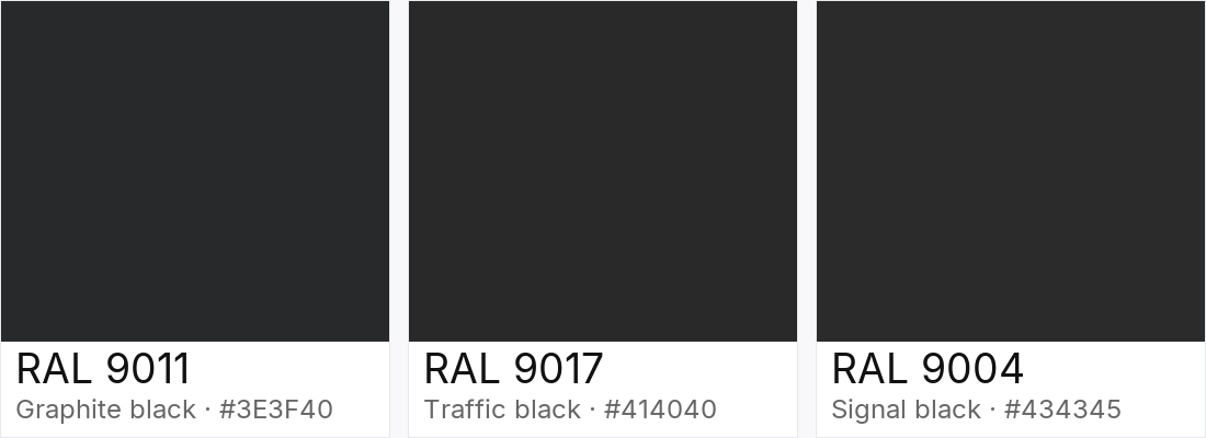 RAL 9011 vs RAL 9017 vs RAL 9004 — side-by-side RAL color comparison