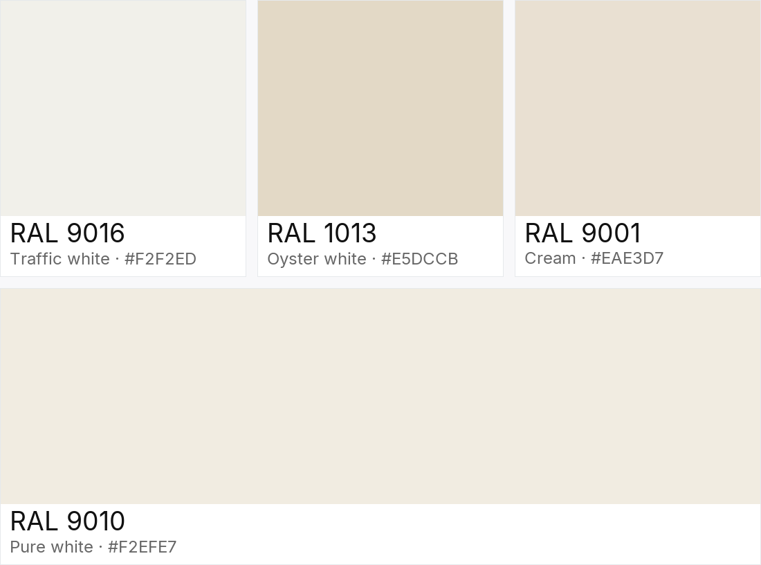 RAL 9016 vs RAL 1013 vs RAL 9001 vs RAL 9010 — side-by-side RAL color comparison