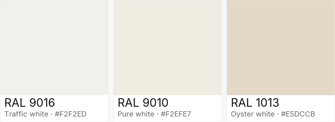 RAL 9016 vs RAL 9010 vs RAL 1013 — side-by-side RAL color comparison