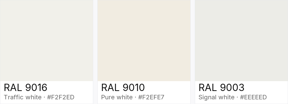 RAL 9016 vs RAL 9010 vs RAL 9003 — side-by-side RAL color comparison