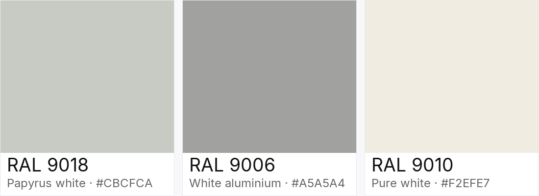 RAL 9018 vs RAL 9006 vs RAL 9010 — side-by-side RAL color comparison